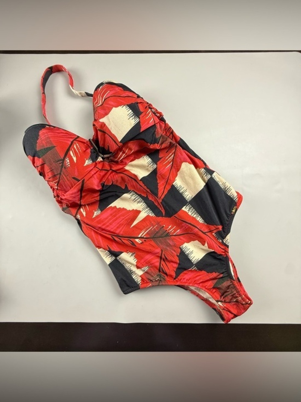 Salinas Ruched Bandeau One Piece Swimsuit Red Tropical Print Large